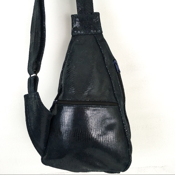 Dark blue crocodile embossed leather sling body crossbody hands free travel bag - Picture 8 of 10